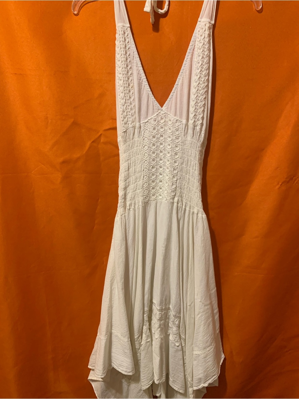Seaspice White Peruvian Cotton Halter Dress Crochet Lace Bodice Maxi